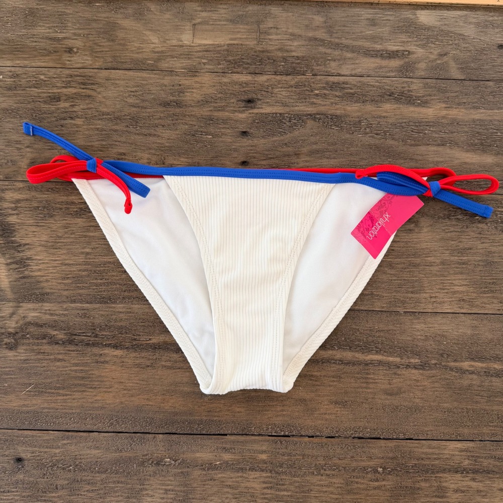 NWT Xhilaration XS White Ribbed Side Tie Bikini Bottom Patriotic New